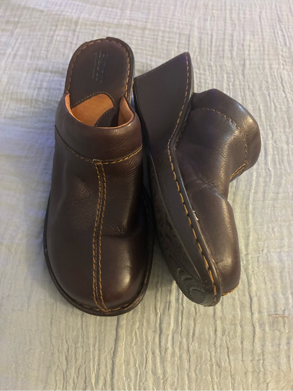 Born  Dark Brown Leather Slip-On Clogs with Contrast Stitching 10